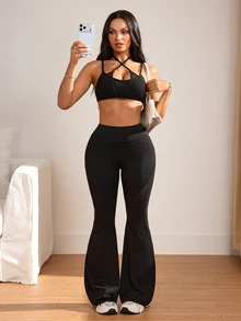 Slayform Women's Mesh Patchwork High Waist Flare Leg Sports Pants - Black - View 7