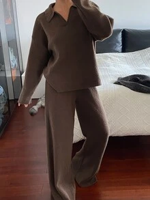 DAZY Autumn/Winter Women's Loose Knit Sweater & Wide Leg Straight Pants Two Pieces Set, Deep Coffee Color, Casual Daily Commute - Coffee Brown - View 4