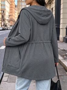 SHEIN LUNE CURVE Plus Size Women's Autumn/Winter Fashion Casual Loose Comfortable Daily All-Match Versatile Grey Hooded Zip-Up Cinched Waist Mid-Length Sweatshirt Jacket - Grey - View 2