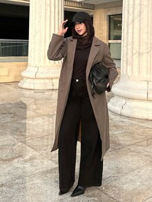 Solavon Women's Solid Color Lapel Neck Long Sleeve Casual Overcoat, Autumn/Winter - Brown - View 5