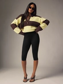Denimoi Soft Knit Super Stretch Capri Leggings Bodycon Capri Pants Sexy Capris Everyday Wear - Black - View 2