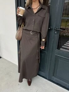DAZY 女款純色落肩長袖單排扣襯衫與工裝裙休閒兩件套 秋季 - 灰色 - 查看 6