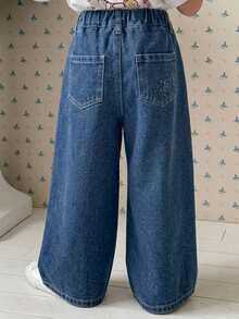 DAZY 少女彈性腰寬腿寬鬆休閒牛仔褲 - 深色水洗藍 - 查看 2