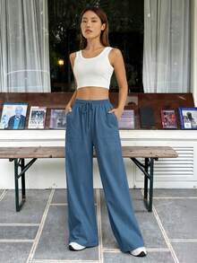 SHEIN EZwear 休閒寬鬆藍色梭織長褲 - 藍色 - 查看 4
