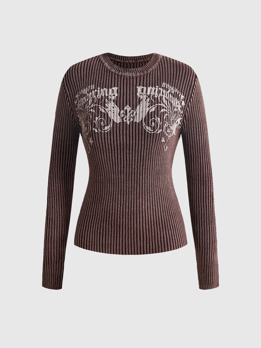 ROMWE Y2K Autumn Winter Spring Grunge Street Casual Colorblock Print Distressed Worn-Out Women's Slim Fit Long Sleeve Sweater - Mocha Brown - View 1