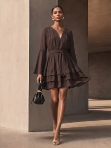 Vesra Women's Solid Color Notch V-Neck Bell Sleeve Fashion Short Dress - Brown - View 1