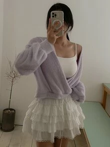 DAZY Solid Color Brushed Loose Fit Cropped Asymmetric V-Neck Long Sleeve Elegant Vacation Girl Korean Style Spring Autumn Knit Sweater For Women - Mauve Purple - View 6