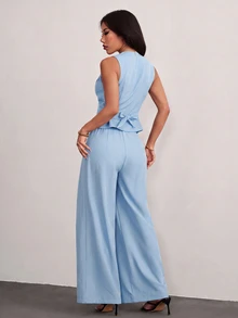 SHEIN PETITE 女款套裝，秋/冬通勤優雅穿搭 - 淺藍色 - 查看 3