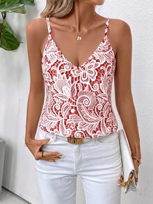 SHEIN Clasi 女款蕾絲印花休閒細肩帶背心 - 粉色 - 查看 3