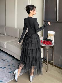 DAZY Autumn/Winter Round Neck Black Fitted Top With Mesh Patchwork Layered Ruffle Hem Elegant Romantic Party Date Women's Mid-Length Dress - Black - View 2