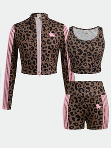 SHEIN Tween Girl Tween Girl Black White Polka Dots Print Mock Neck Zip-Up Jacket Camisole & Bike Shorts 3Pcs Set - Brown - View 2