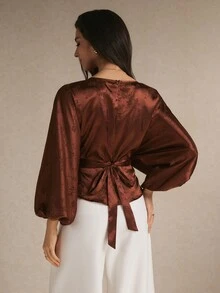 Poéselle Women's Jacquard Boat Neck Batwing Long Sleeve Elegant Blouse - Brown - View 3