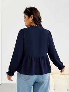 Shapeblank Plus Size Women Solid Color Contrast Lace V-Neck Long Sleeve Fashion Blouse - Blue - View 2