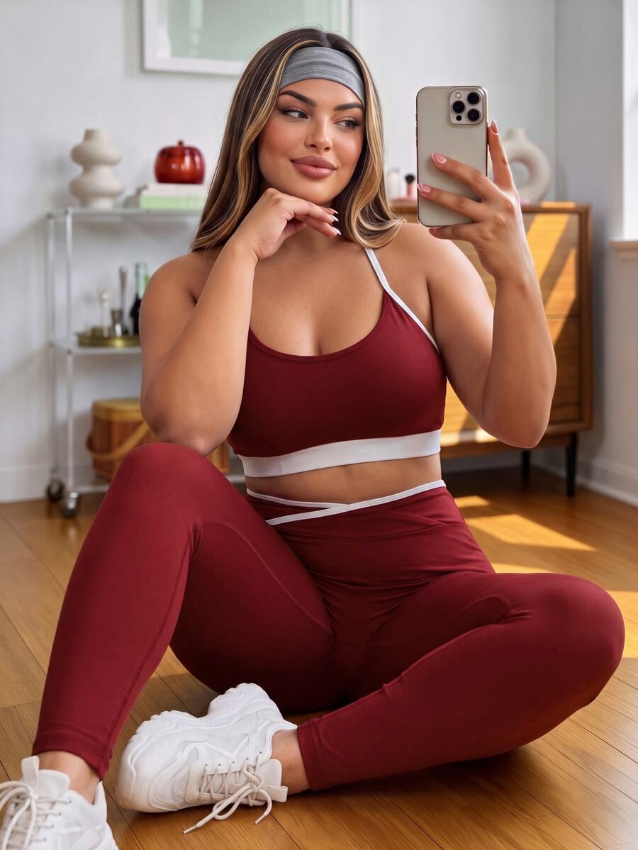 Sovereign Charm Women's Plus Size Colorblock Cropped Camisole And Leggings Sports Set - Red - View 1