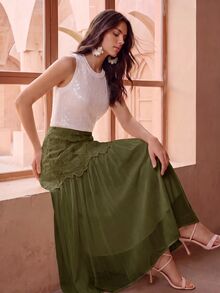 Anewsta Women's New Water-Soluble Hollow Embroidery Patchwork Ruched Full Flare Fashion Elegant Versatile Half Skirt - Green - View 3