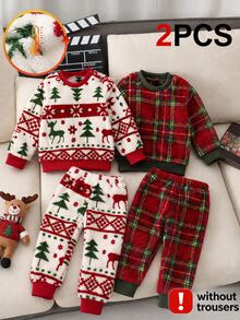 SHEIN Vintaside Kids 2件組中性嬰幼兒紅白格紋搖粒絨套頭運動衫，冬季80年代搖滾派對休閒圓領長袖上衣 - 彩色 - 查看 3