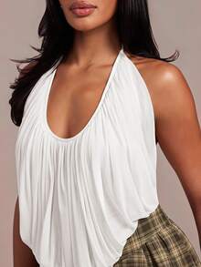 Hauture Women's Sexy Casual Cowl Neck Ruched Chiffon Backless Top - White - View 4