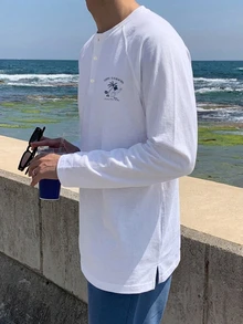 DAZY 春秋款長袖海灘衝浪印花白色韓系男士T恤 - 白色 - 查看 4