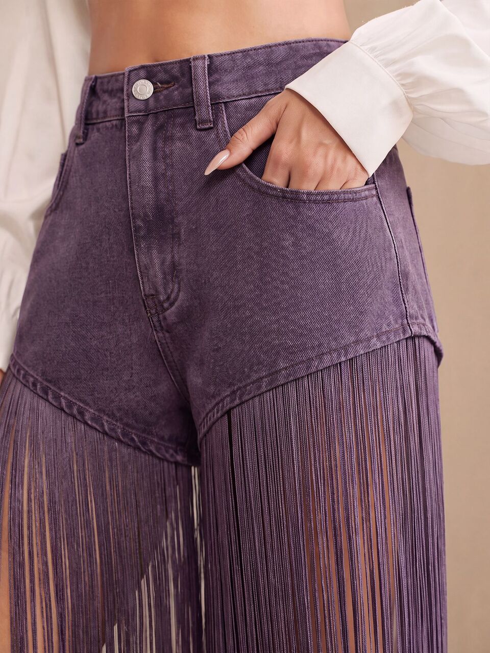 Spring/Summer Date Photo Fashion Design Blue Tassel Light Blue Denim Shorts