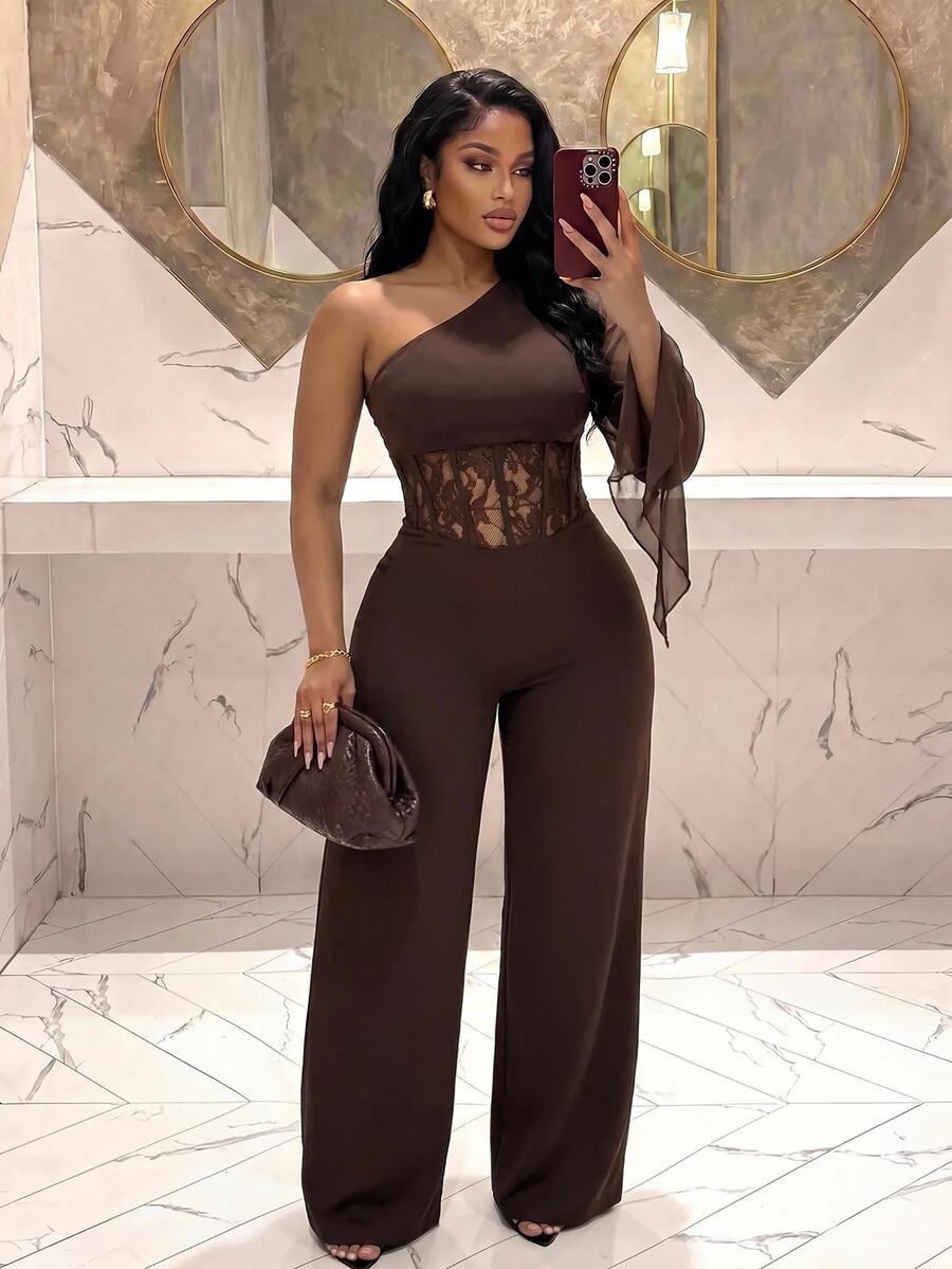 Slaydiva Plus Size Women's Lace Patchwork One Shoulder Casual Daily Jumpsuit - Brown - View 1