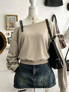 Lalippa Women's Asymmetrical Shoulder Eyelet Buckle Design Long Sleeve Casual Sweatshirt - Khaki - View 1