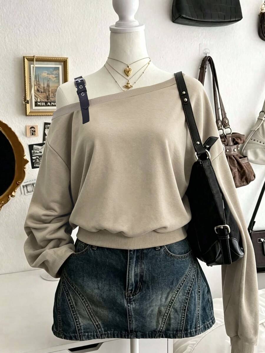 Lalippa Women's Asymmetrical Shoulder Eyelet Buckle Design Long Sleeve Casual Sweatshirt - Khaki - View 1