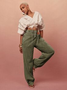 Vixey Women's Fashion Ruched Tapered Leg Jeans - Olive Green - View 4
