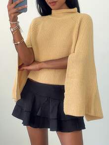 Elenzga Poncho Sweater Leher Tinggi Modis dan Elegan yang Dapat Dipersonalisasi untuk Wanita - Khaki - View 4