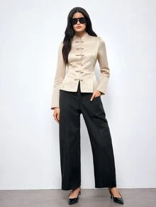 Maija Jaket Wanita Satin Lengan Panjang Warna Champagne, Potongan Pinggang Pas, Elegan untuk Acara Brunch - Unta - View 3
