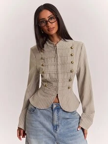 SHEIN BAE Fashionable Design Knot Button Decor Casual Commute Long Sleeve Jacket - Khaki - View 6