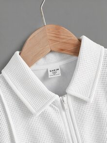 SHEIN 青少年男孩 1/4 拉鍊 Polo 衫 素色條紋休閒薄款日常穿著夏季款 - 彩色 - 查看 4