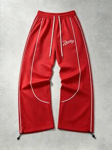 ROMWE MEN Street Life Pantalones holgados con cordón en la cintura y estampado de letras para hombre - Rojo - Ver 8