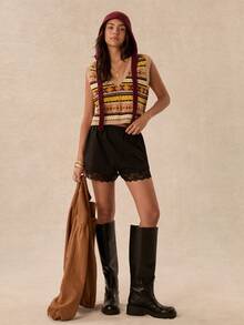 Easelle Vintage Bohemian Lace-Up Pattern Women's Knitted Top - Multicolor - View 1