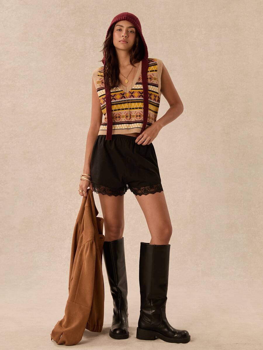 Easelle Vintage Bohemian Lace-Up Pattern Women's Knitted Top - Multicolor - View 1