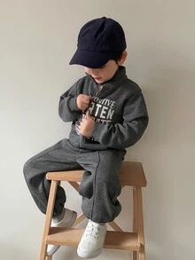 DAZY Baby Boy Slogan Print Zip-Up Jacket And Long Pants Casual Set Fall - Grey - View 4