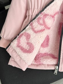 SHEIN Elladie kids 女童冬季嬰兒白色愛心保暖內裡拉鍊連帽衛衣，彈性腰圍加厚保暖時尚戶外通勤外套 - 粉色 - 查看 8