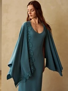 MOTF PREMIUM WOMEN'S PATCHWORK FLORAL LACE TRIM ROBE AND FITTED SLEEP DRESS PAJAMA SET - Dark Green - View 1