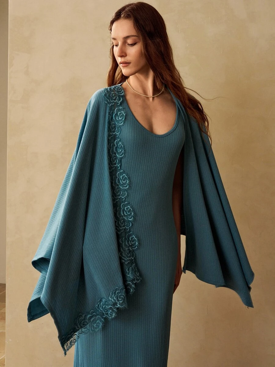 MOTF PREMIUM WOMEN'S PATCHWORK FLORAL LACE TRIM ROBE AND FITTED SLEEP DRESS PAJAMA SET - Dark Green - View 1