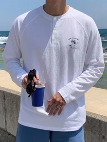 DAZY 春秋款長袖海灘衝浪印花白色韓系男士T恤 - 白色 - 查看 3