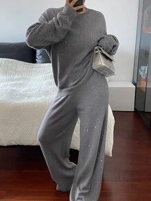 DAZY Women's 2pcs Set Gray Casual Loose Crew Neck Long Sleeve Sweater And Straight Leg Pants, Autumn - Grey - View 4