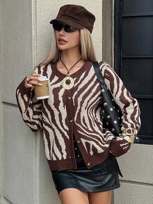 DAZY Women's Autumn Round Neck Long Sleeve Loose Zebra Stripe Brown & Beige Contrast Color Casual Knit Cardigan Sweater Winter - Brown - View 4
