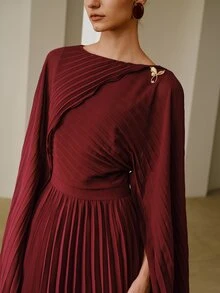 ZEYLAH Elegant Party Solid Color Pleated Cape Sleeve Dress - Burgundy - View 2