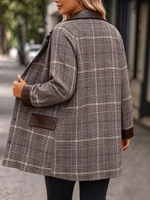 EMERY ROSE CURVE Jaket Wanita Ukuran Besar Motif Kotak-kotak Vintage Musim Gugur/Dingin dengan Kerah Patchwork Kulit, Lengan Panjang, Potongan Longgar, Blazer Komuter Serbaguna Musim Gugur - MultiWarna - View 2