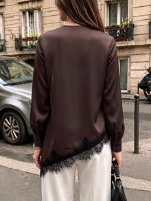 SHEIN PariChic Women's Brown V-Neck Satin Texture Asymmetric Hem Lace Trim Long Sleeve Blouse, Suitable For Daily Commute Wear - Brown - View 2