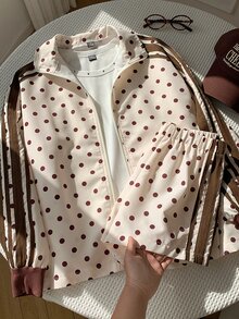 Comfortcana Women's Polka Dot Print Zipper Front Jacket And Shorts Casual 2 Pieces Set - Apricot - View 8
