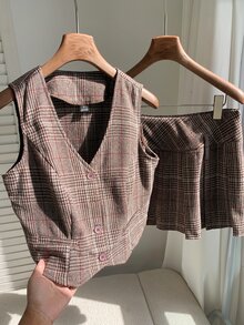 Comfortcana Plaid Tweed Back To School Academy Vest And Pleated Skirt Set - Multicolor - View 6