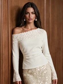 Anewsta Women's Elegant Romantic Heavy Embellished Lace Trim Beaded Base Layer Top Wedding Date Dinner Off White Fall - Apricot - View 1