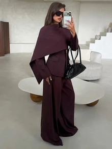 Aloruh Women's Lapel Metal Decor Blazer + Wide Leg Pants Set - Purple - View 3