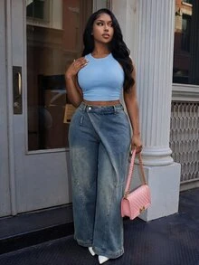 Slaydiva Plus Size Casual Washed Design Denim Jeans - Blue - View 3