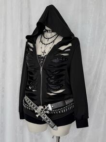 Sunspun Plus Size Distressed Hollow Out Cool Style Y2K Ripped Sweatshirt Halloween - Black - View 7